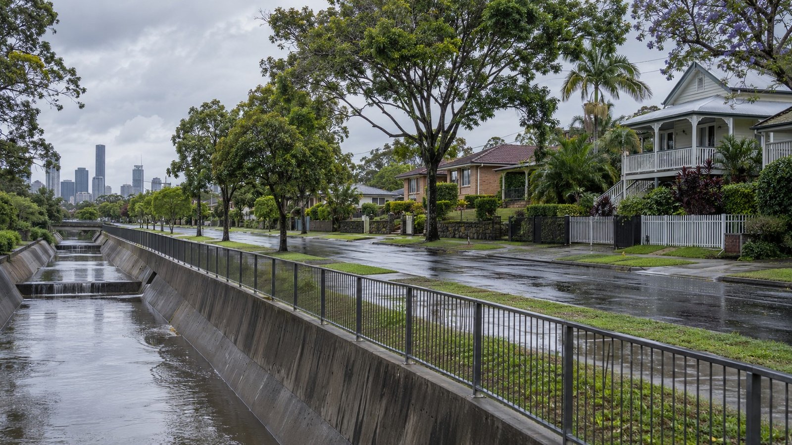 Brisbane riverside residential street with a drainage channel after rain