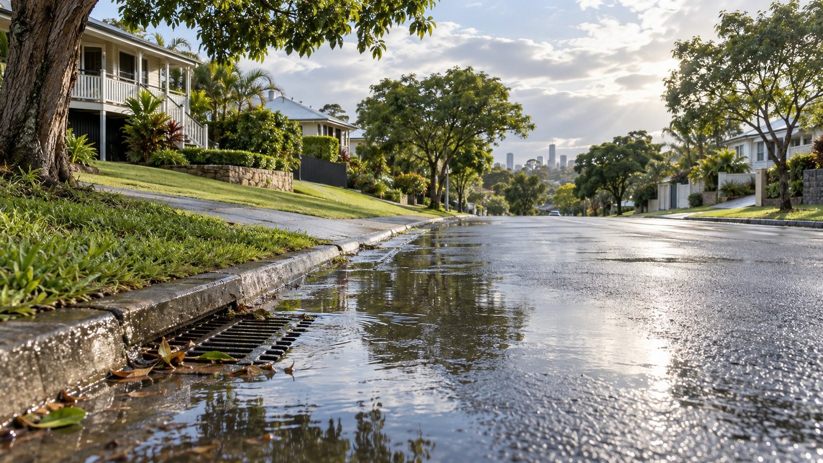 Water pooling beside a kerbside stormwater drain on a leafy Brisbane residential street after heavy rain