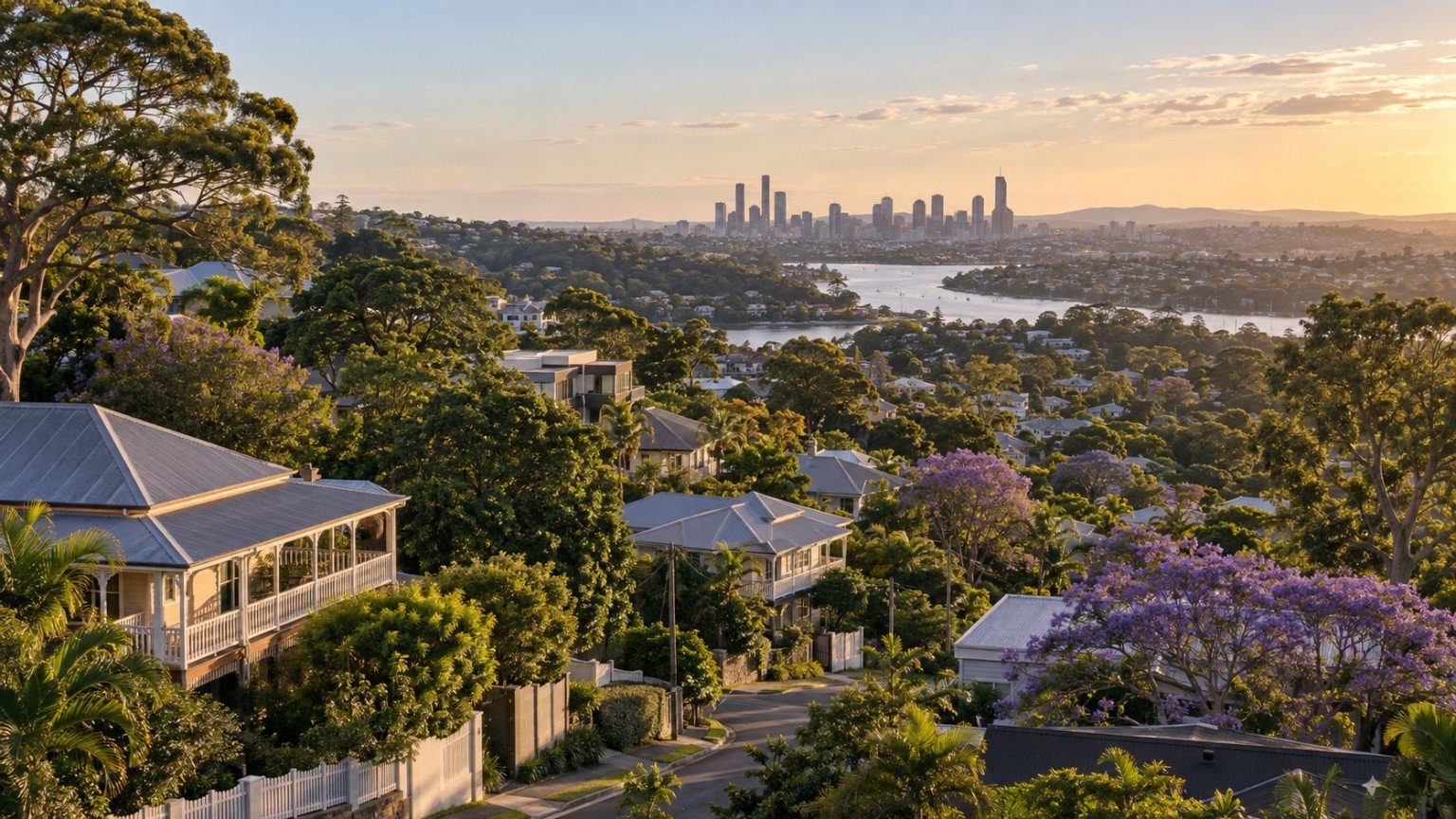 Leafy inner-west Brisbane hillside streets of character homes with the city beyond