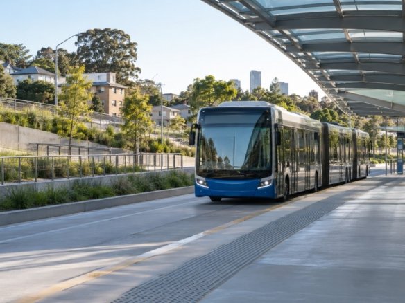 Modern high-frequency busway station with an articulated bus at the platform in Brisbane