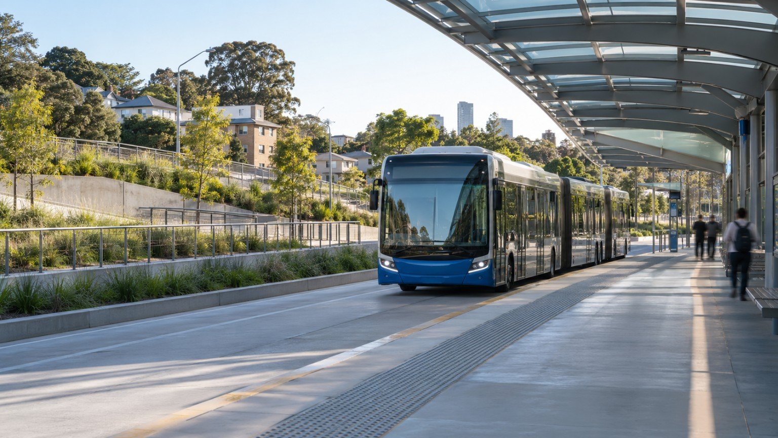 Modern high-frequency busway station with an articulated bus at the platform in Brisbane