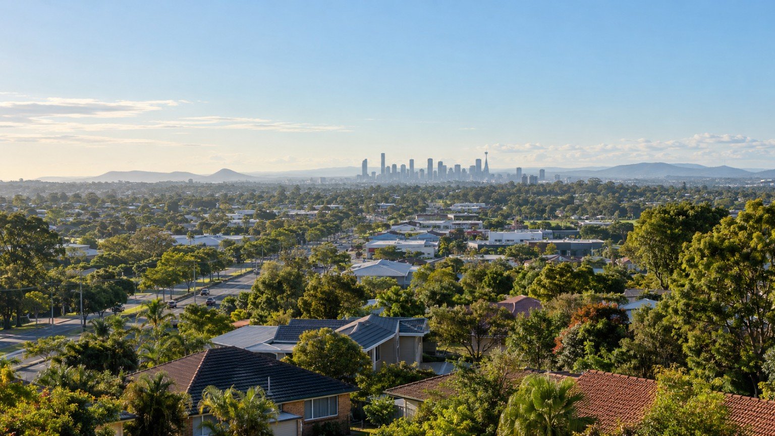 Elevated view over established northern Brisbane suburbs with an arterial road corridor