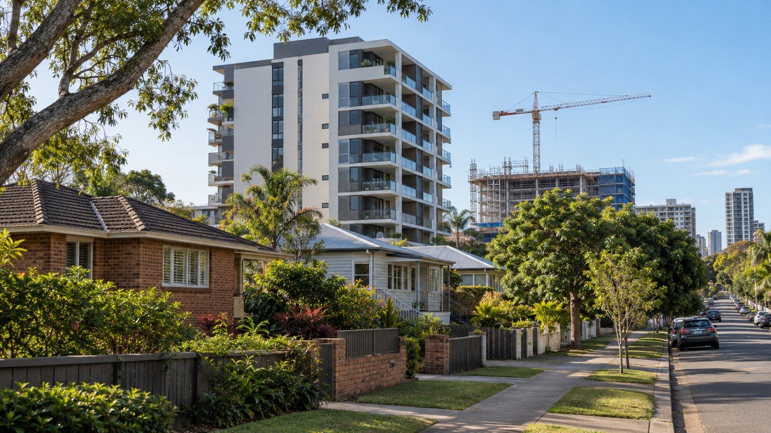 Brisbane inner-suburban centre where low-set houses meet a taller residential apartment building under construction