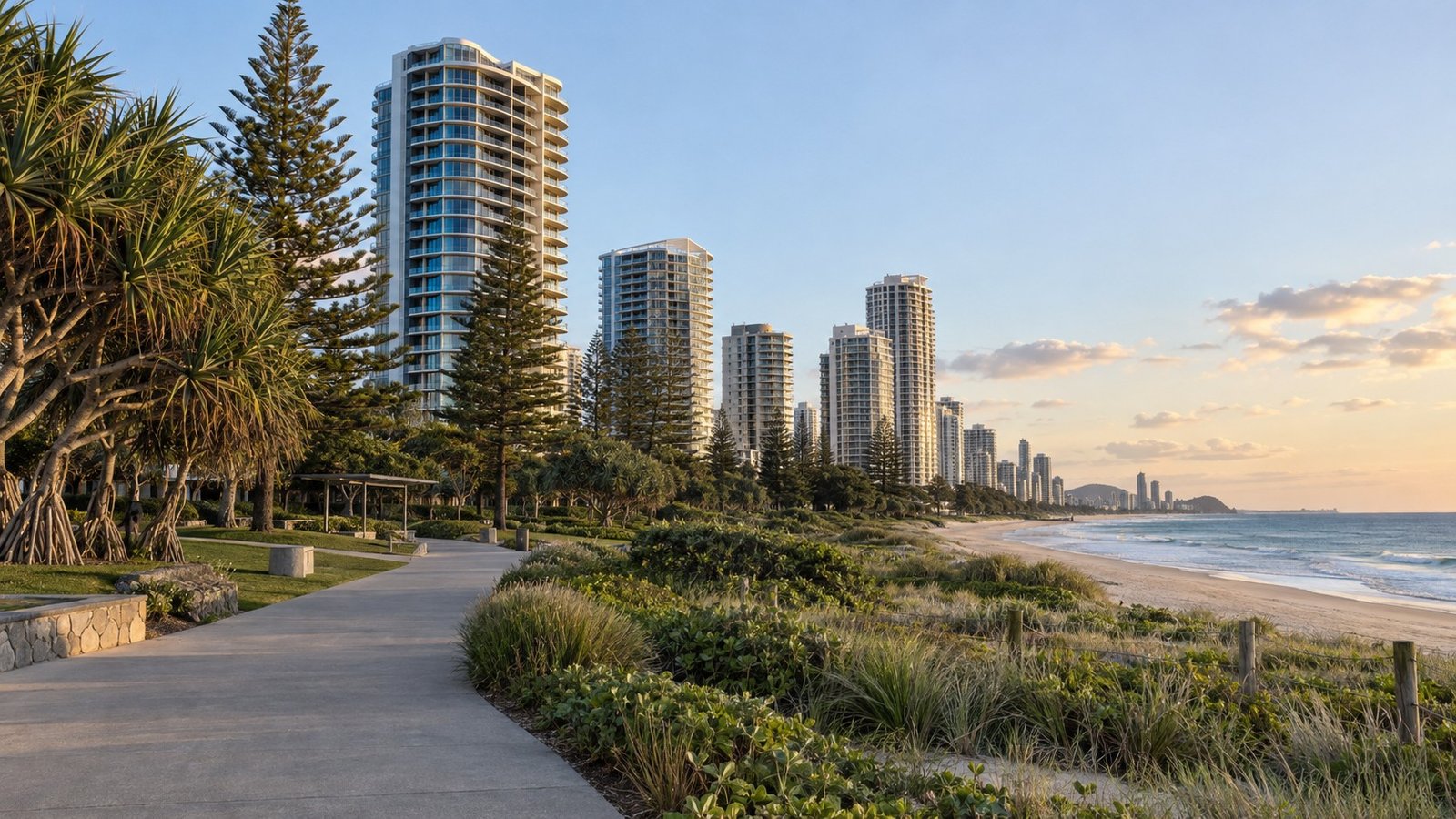 Contemporary Gold Coast beachside apartment towers behind coastal parkland and dune vegetation
