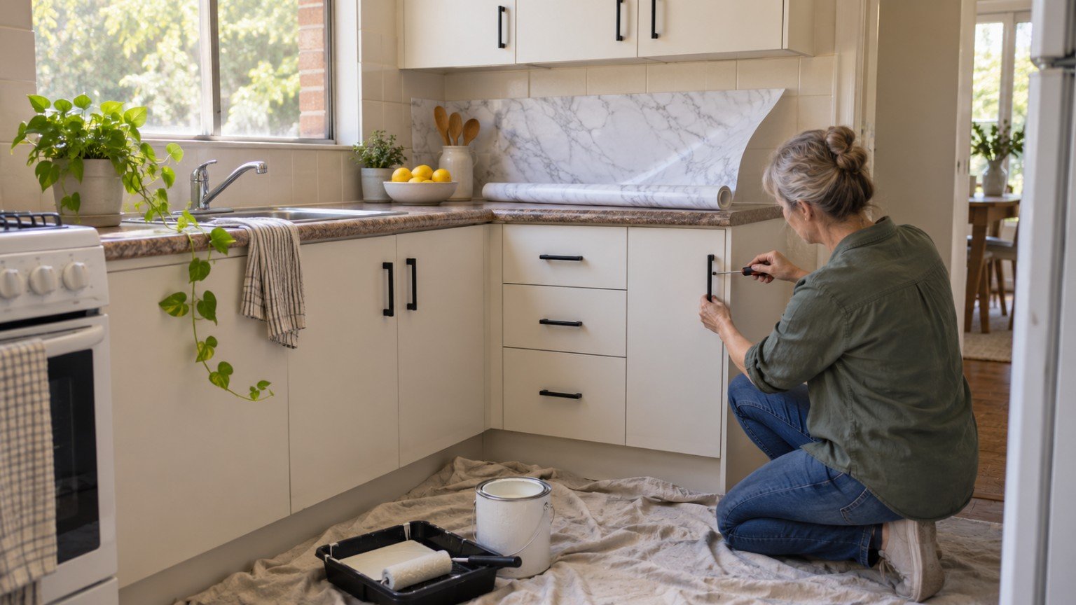 Kitchen refreshed on a budget with painted cupboard doors and new handles