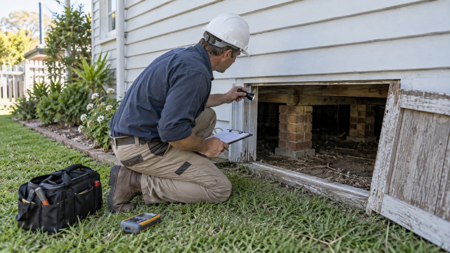 Inspector with a torch examining the subfloor framing beneath a house