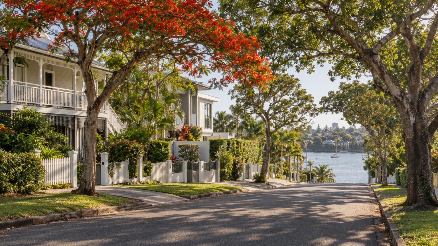 Leafy inner-east Brisbane street of quality detached homes with a glimpse of the river beyond