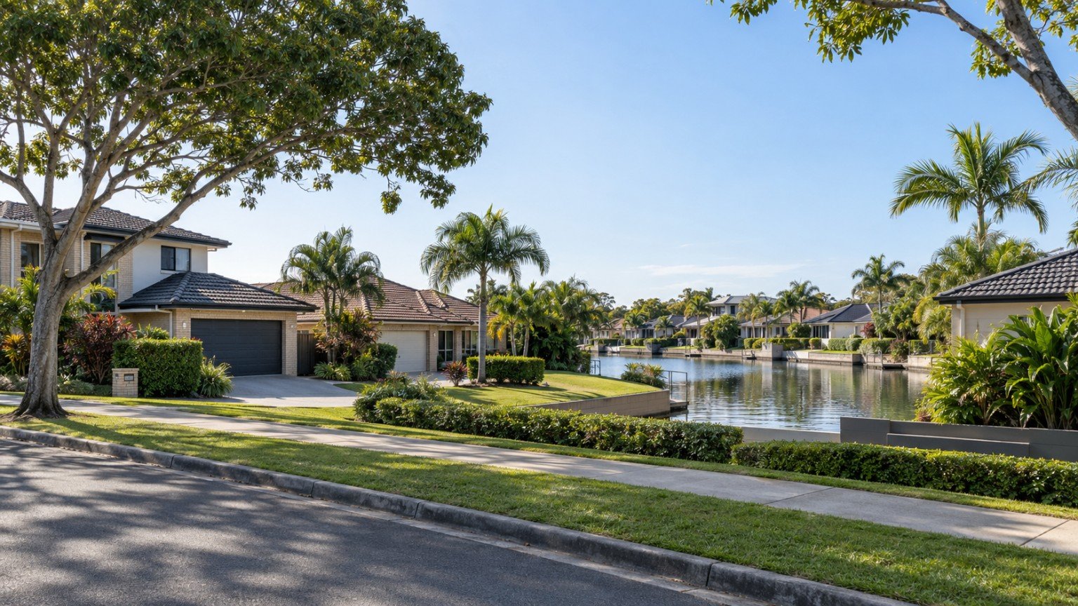 Quiet canal-side residential street of family homes in the southern Gold Coast