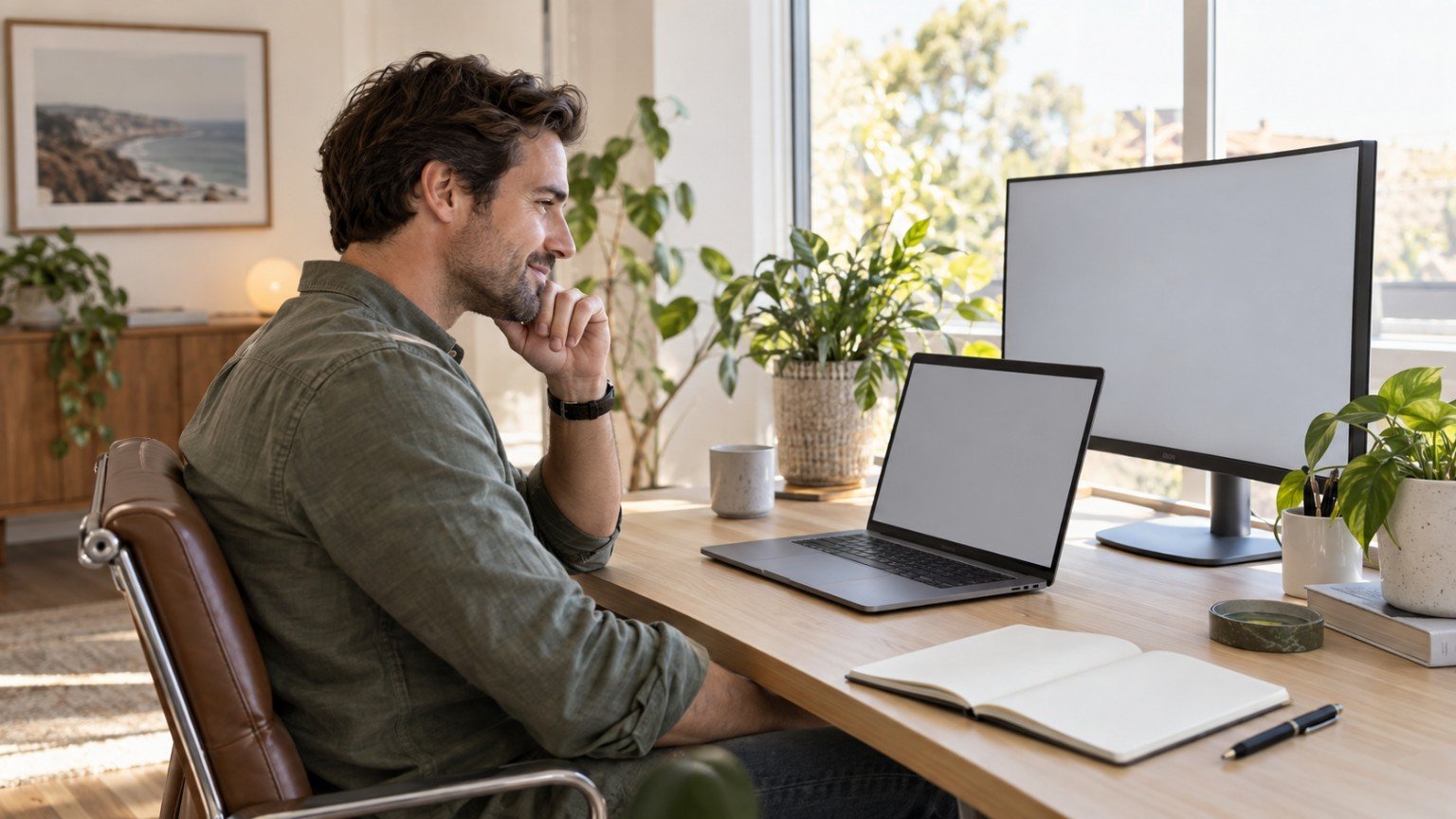 Buyer reviewing a property remotely from a home desk with a video call on a blank screen