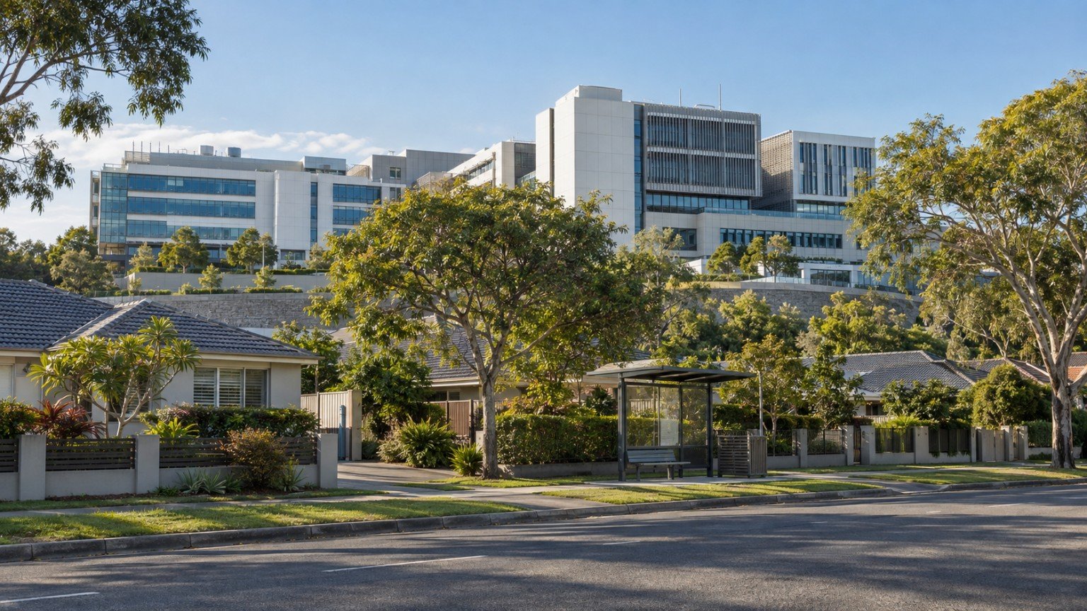 Major hospital precinct buildings with established residential streets in the foreground