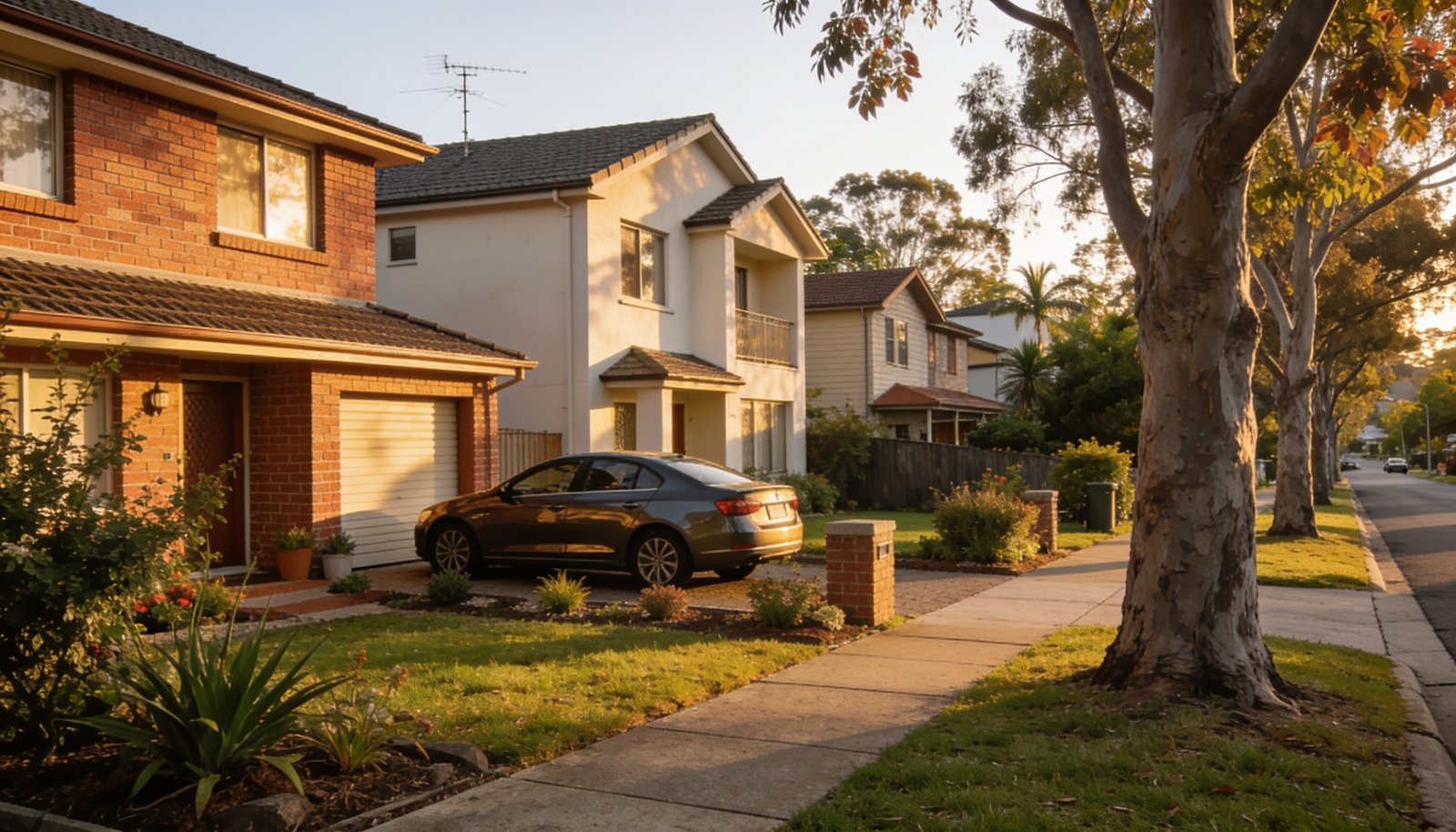 Established Queensland suburban street with brick and rendered family homes, mature street trees and a car parked in the driveway, representative of the housing found in Calamvale