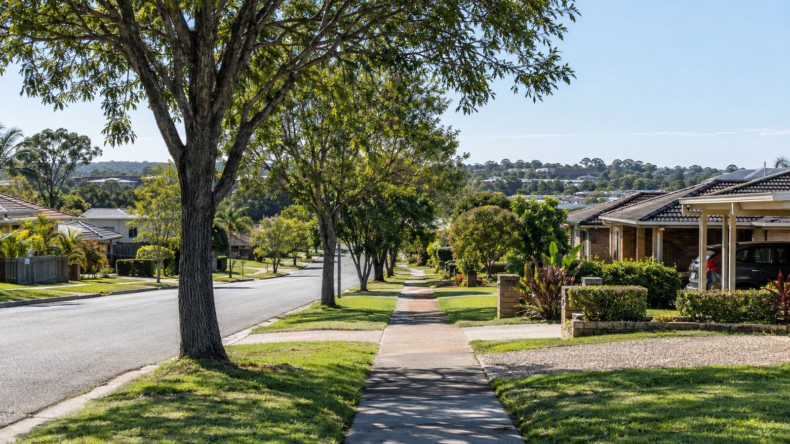 Established Redlands suburban street of detached homes with mature trees and a distant local activity centre