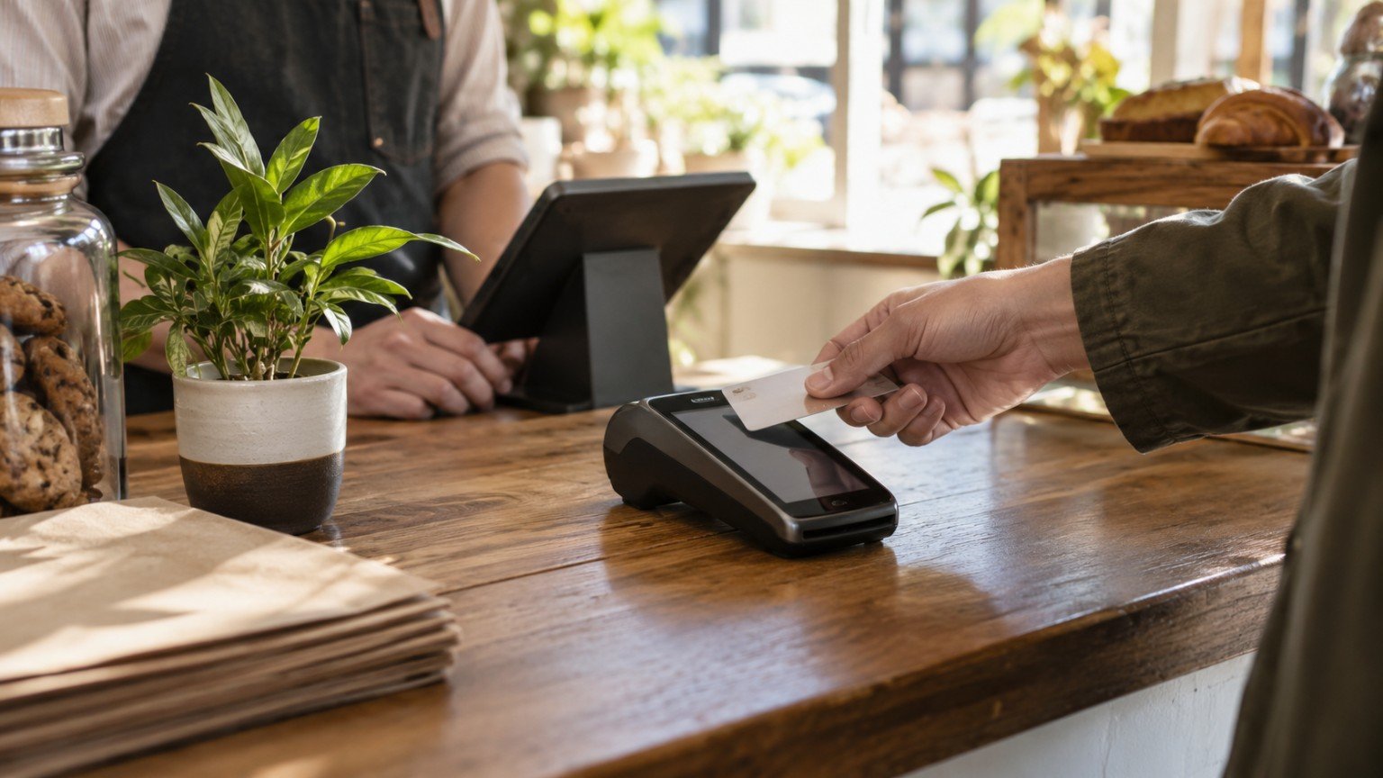 Customer tapping a bank card on a payment terminal at a small Australian shop counter