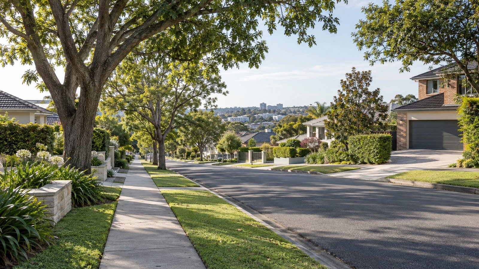 Leafy family-oriented street of established homes in eastern Brisbane with mature trees
