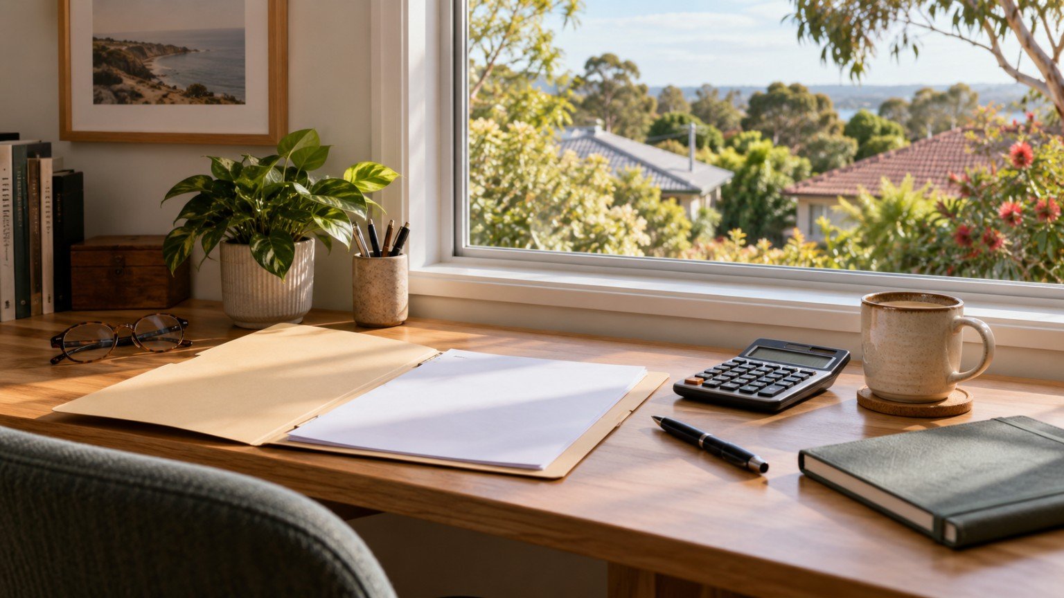 Home desk with a calculator, notepad and loan paperwork during budget planning
