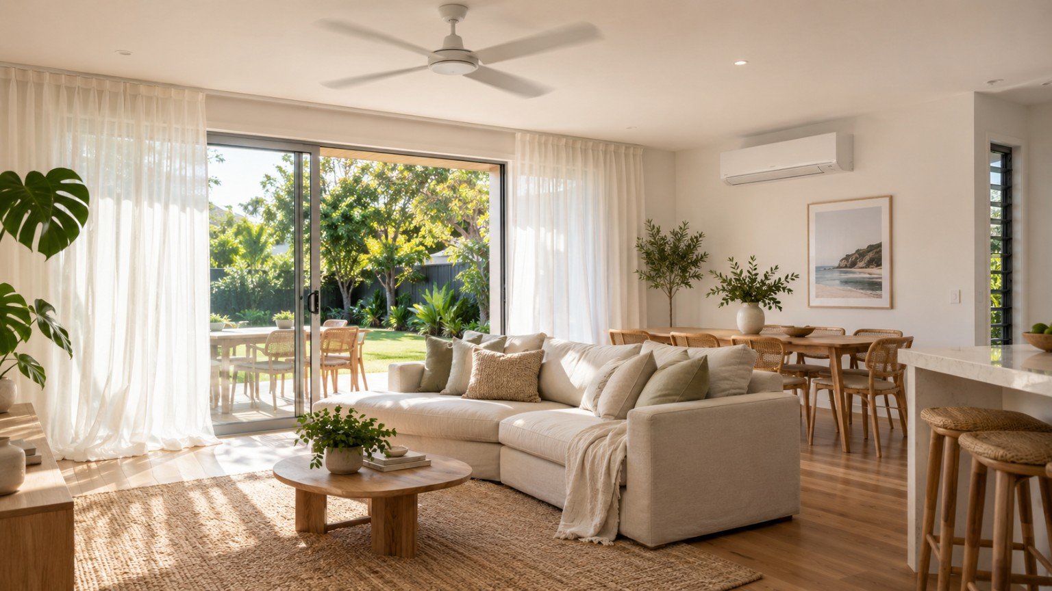 Living room with both a ceiling fan and a wall mounted air conditioner