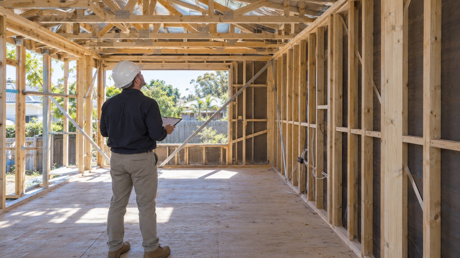 Building certifier inspecting new framing and structural work on a Queensland renovation