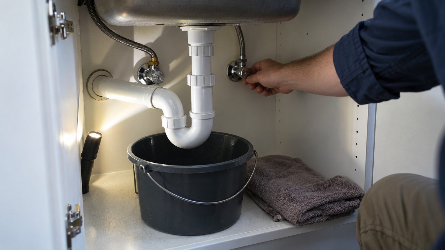 Under-sink cabinet with shut-off valve, torch and bucket during a check