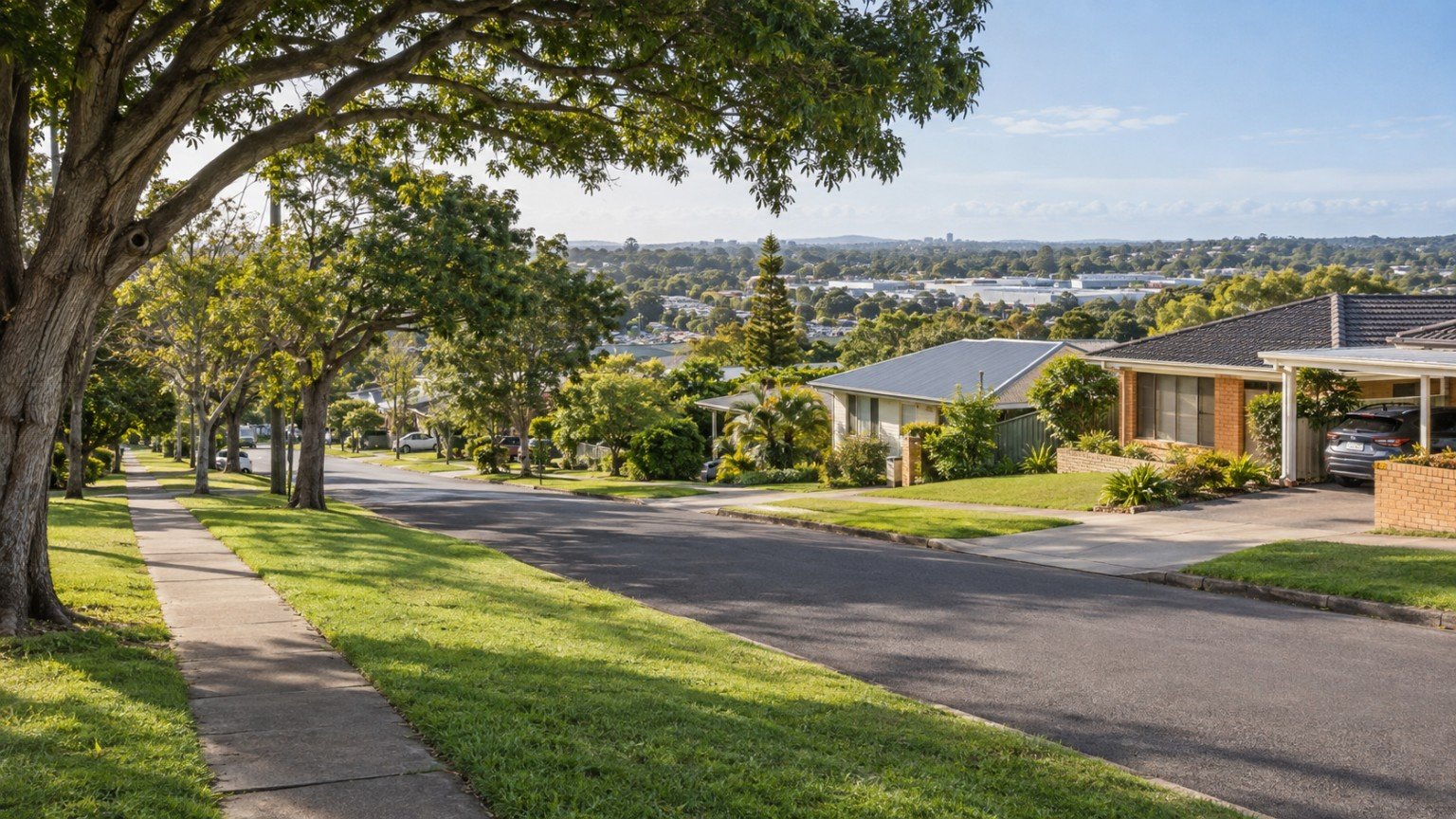 Established northern Brisbane residential street with post-war homes, mature trees and a distant activity centre