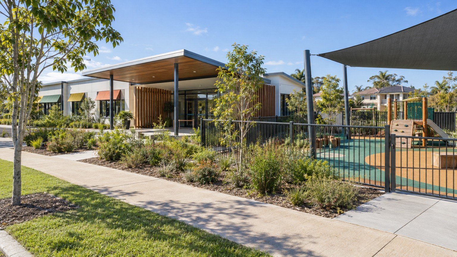 Modern childcare centre building with a fenced shaded outdoor play area