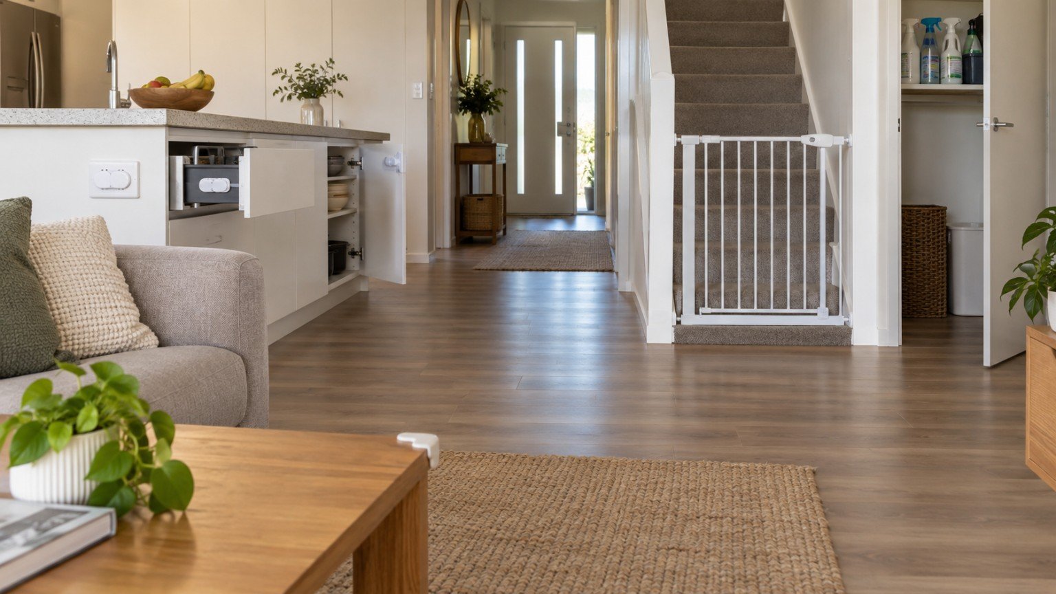 Childproofing hardware including a cabinet latch and safety gate in a home