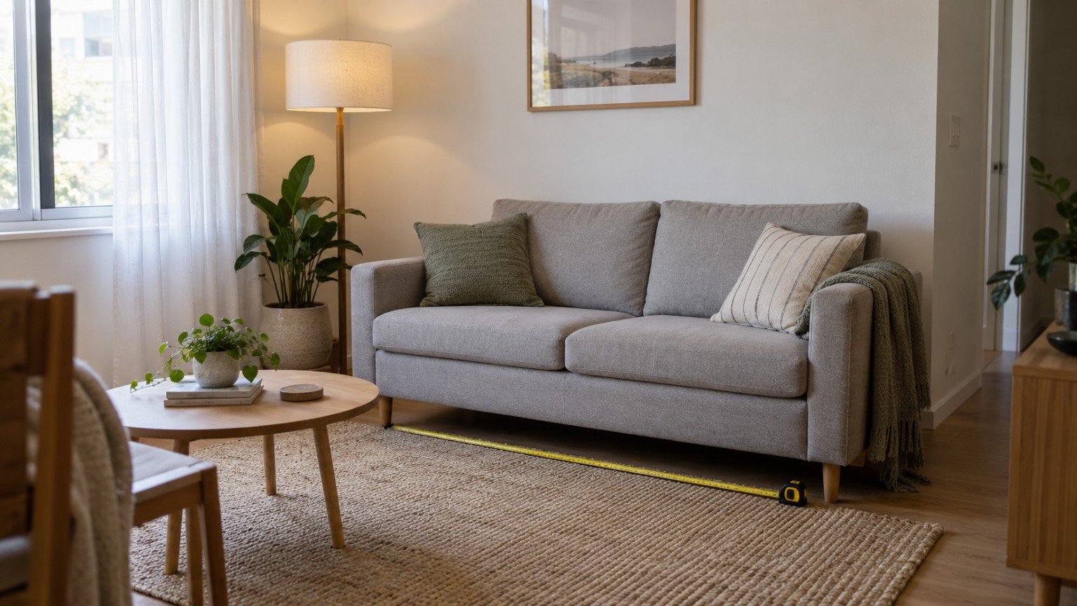 Compact two-seater sofa in a small living room with a tape measure