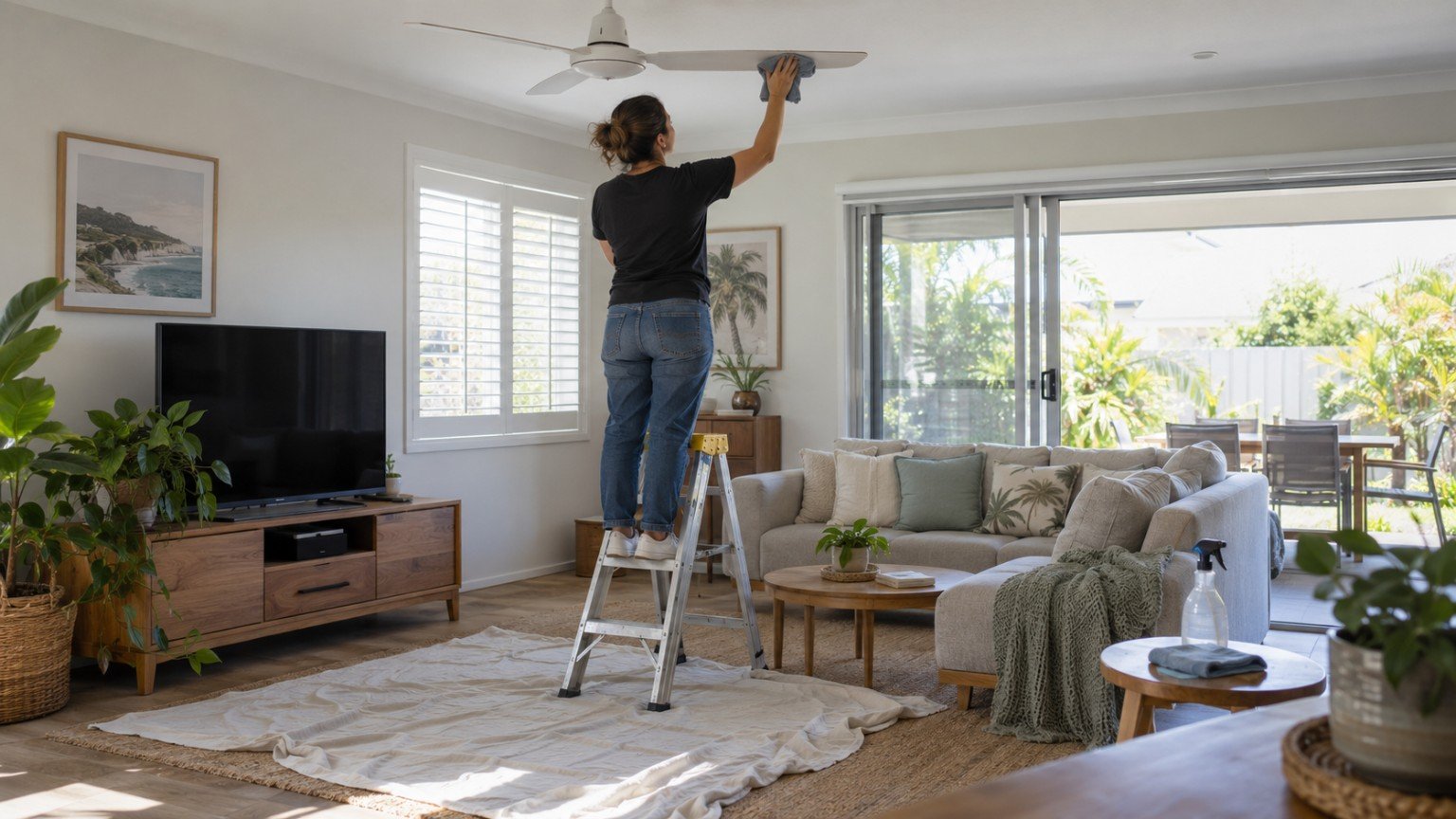 Ceiling fan blade being wiped clean from a step ladder in a living room