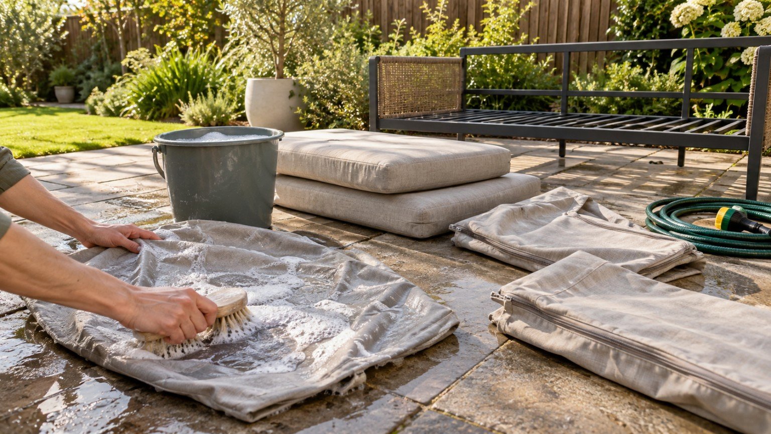 Outdoor lounge cushions and covers being cleaned on a sunny patio