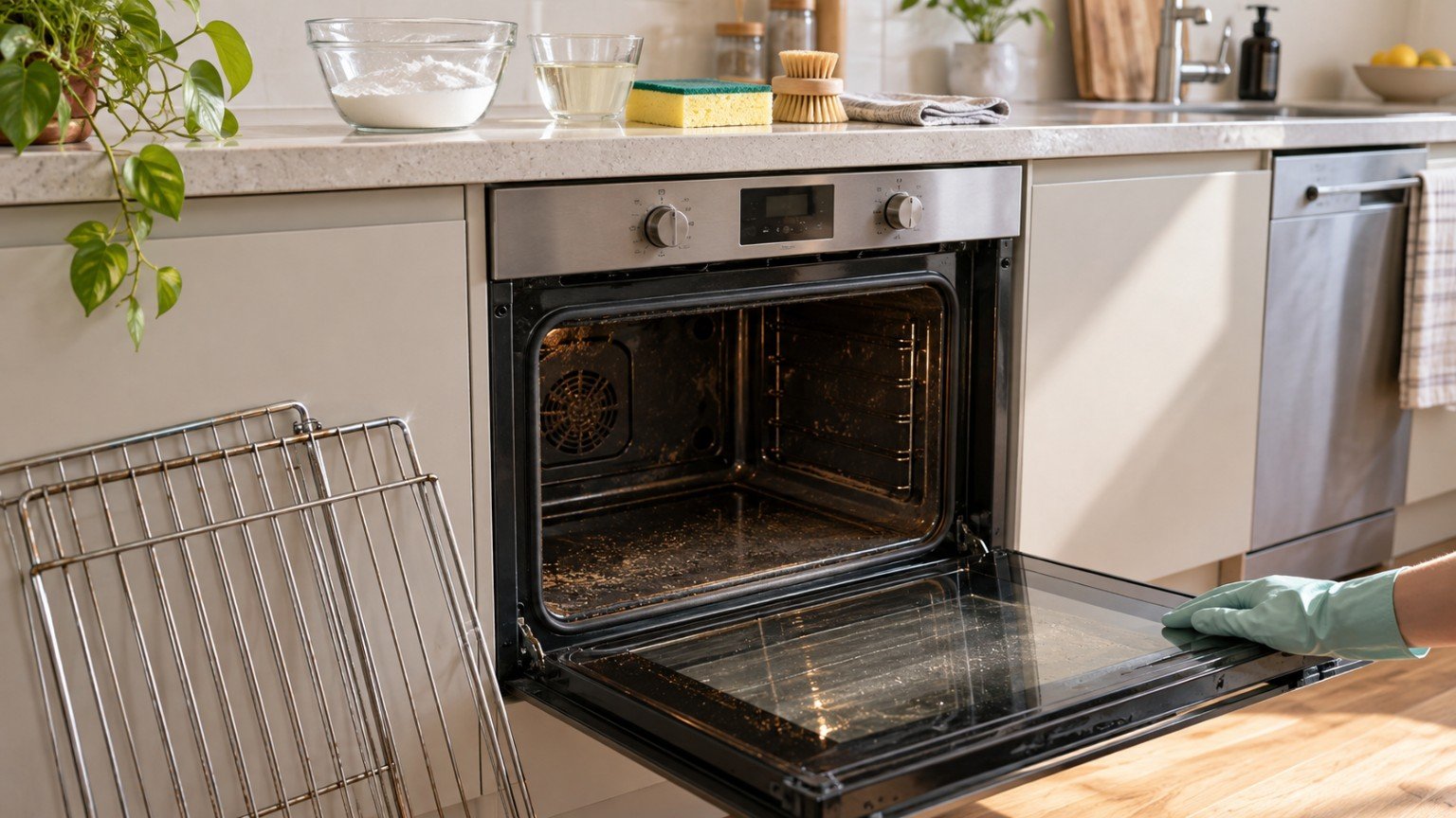 Open oven with racks removed and a bowl of bicarbonate paste for cleaning