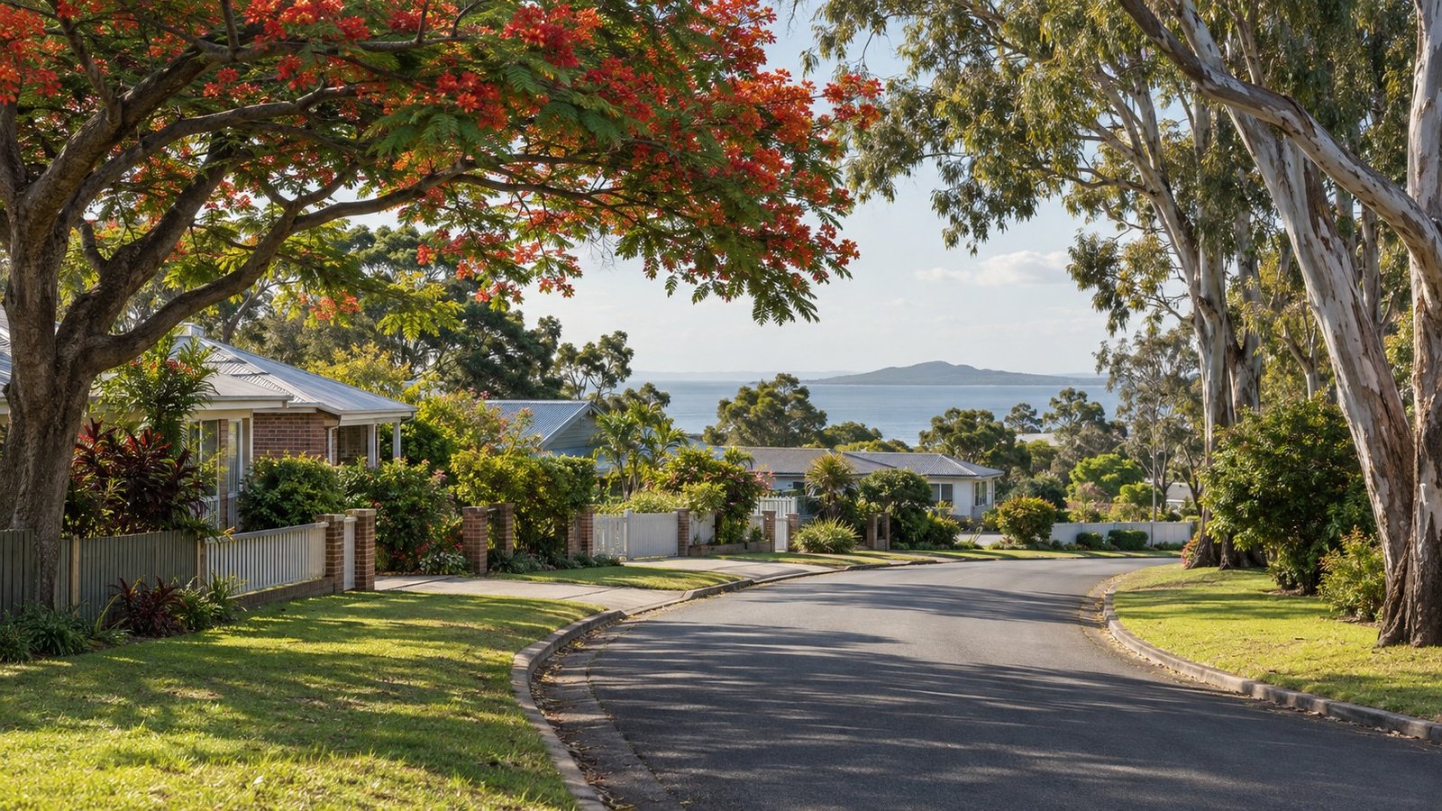 Leafy established bayside residential street in the Redlands with low-set homes and a glimpse of Moreton Bay