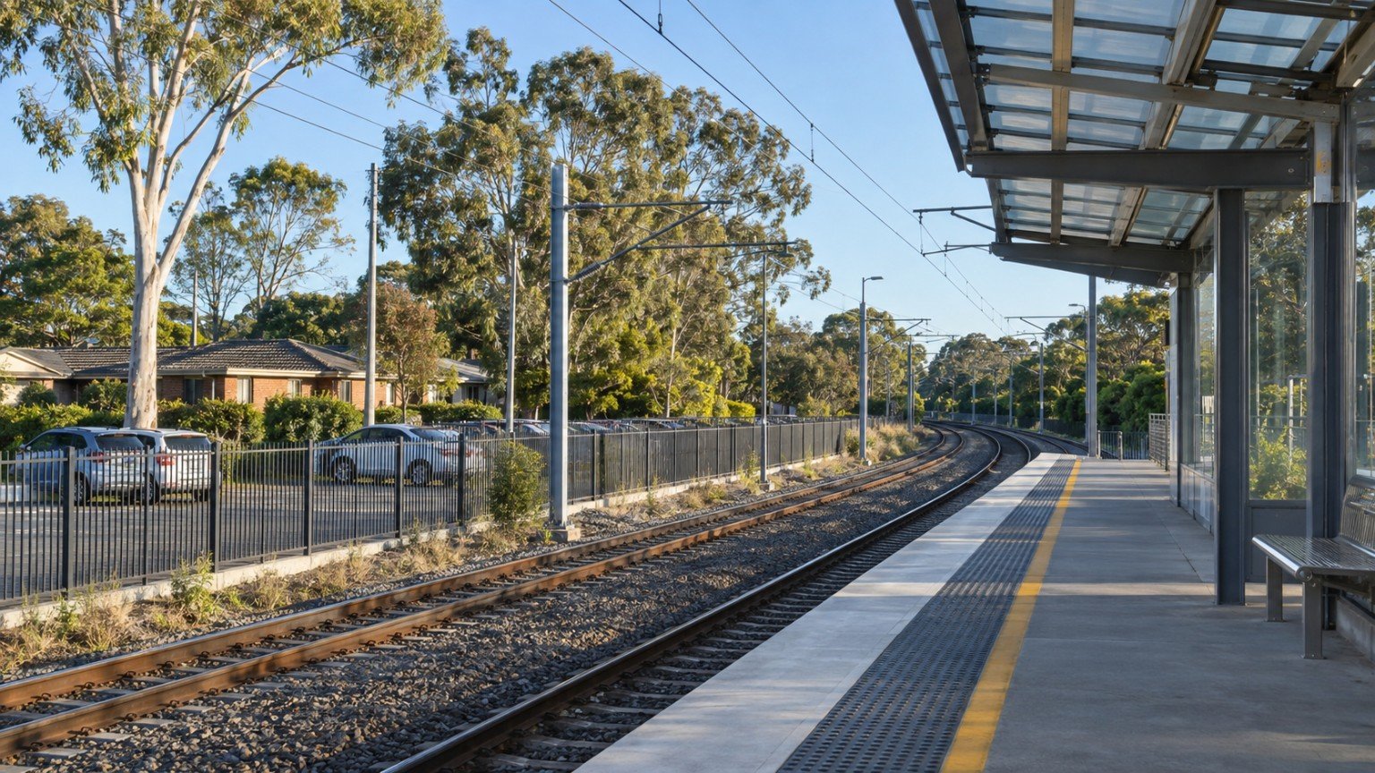 Suburban railway line and platform serving established bayside neighbourhoods east of Brisbane