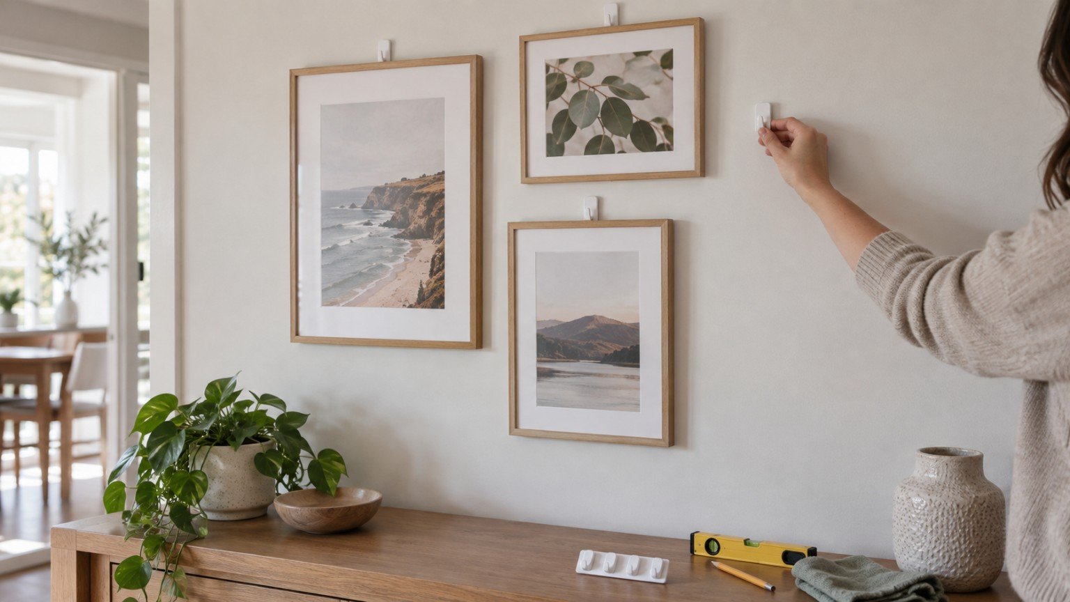 Framed prints hung on a rental wall with adhesive hooks and no drill holes