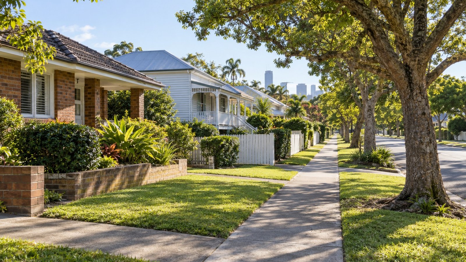 Established south Brisbane residential street with brick and timber homes, footpath and mature street trees