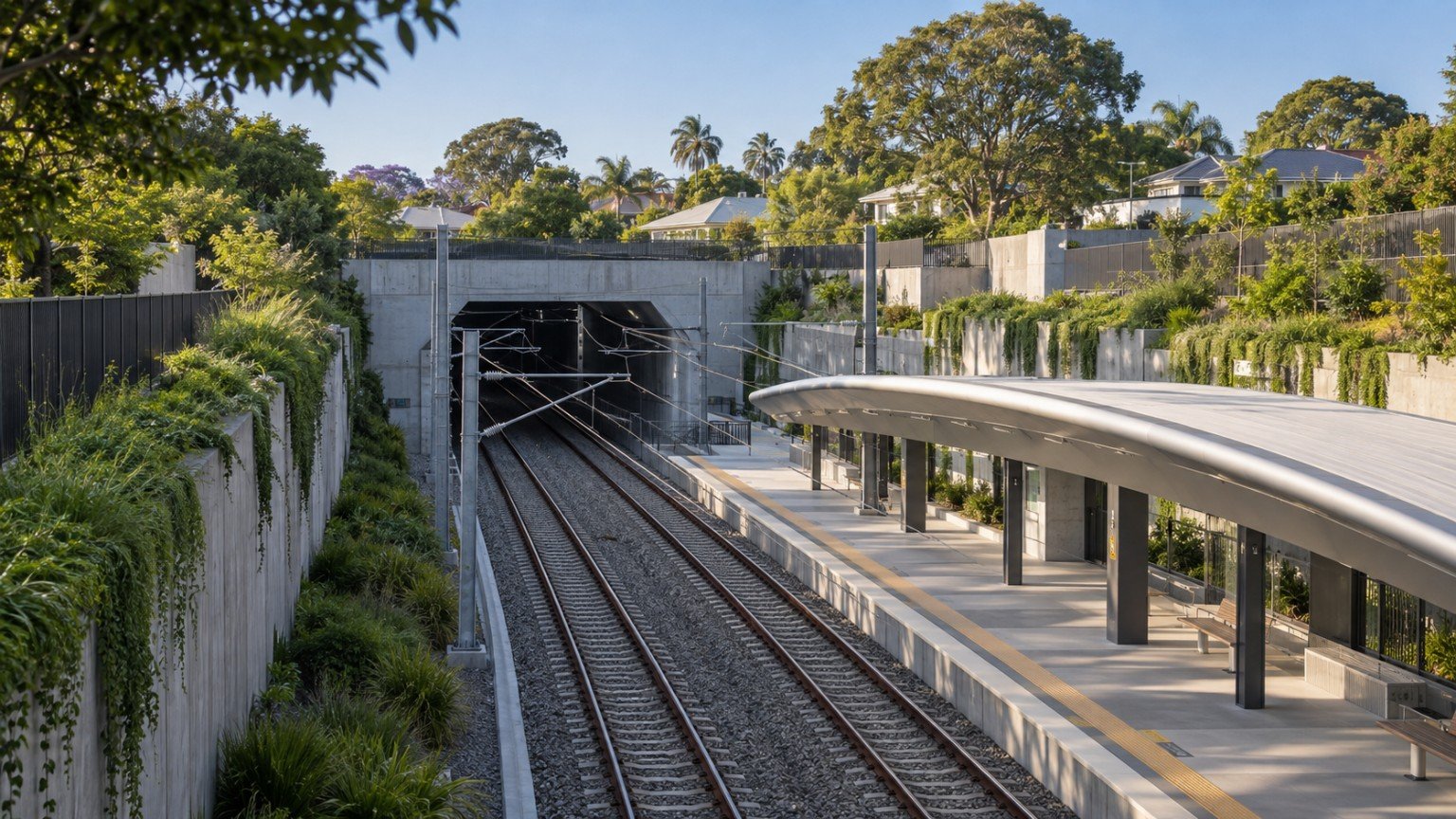 Modern Brisbane rail corridor and station infrastructure serving southside suburbs