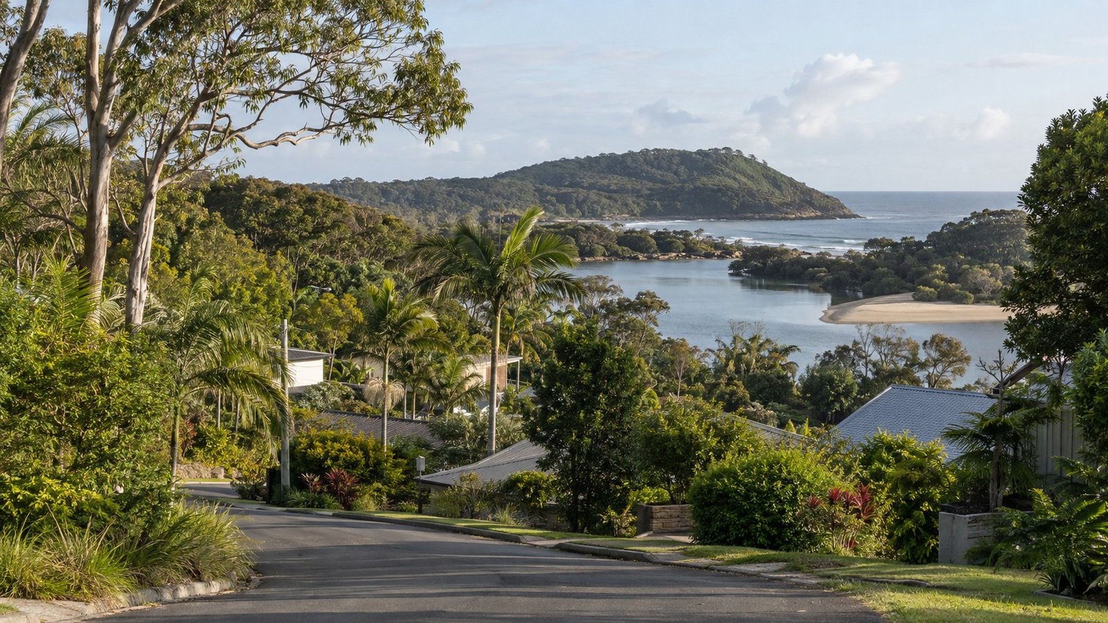 Lush green Gold Coast coastal suburb with homes set among dense subtropical vegetation and a forested headland