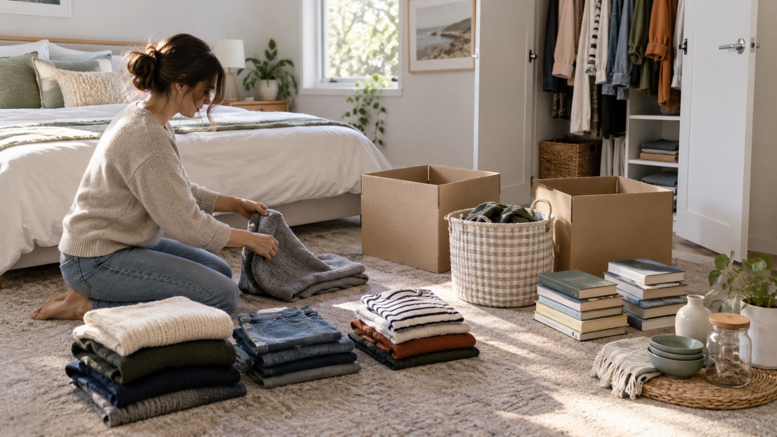 Sorting boxes and neat piles during a room by room declutter