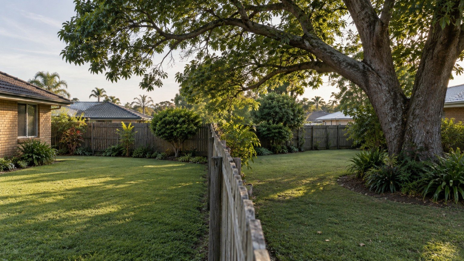 Timber dividing fence between two suburban backyards with a large tree overhanging the boundary