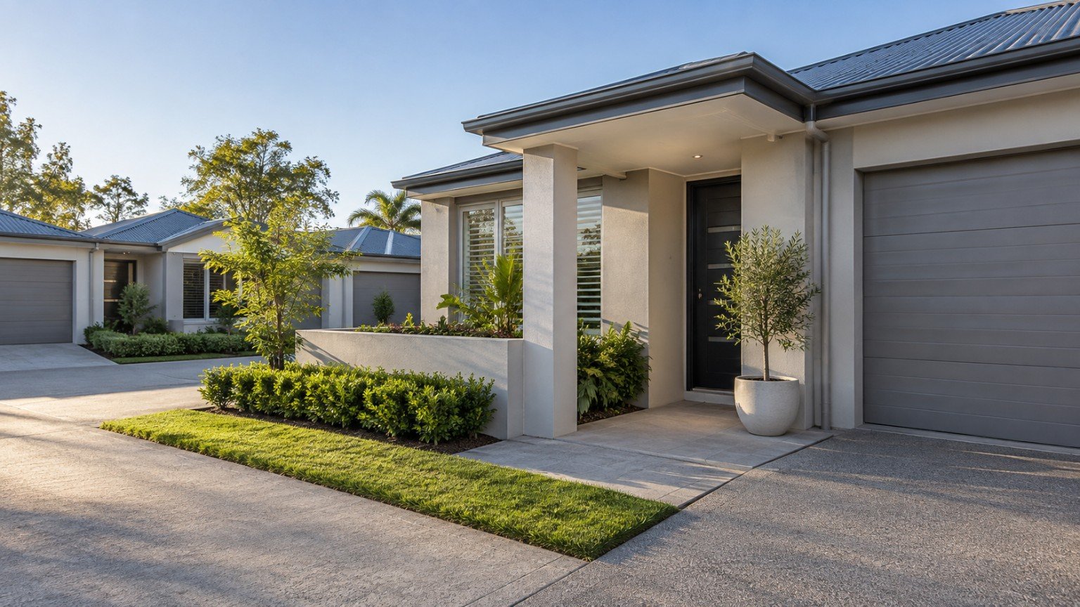 Low-maintenance single-level townhouse with a compact landscaped courtyard in Queensland