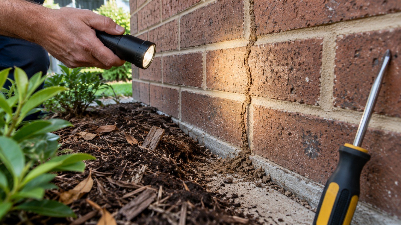 Mud tubes on the brick foundation of a house being inspected with a torch