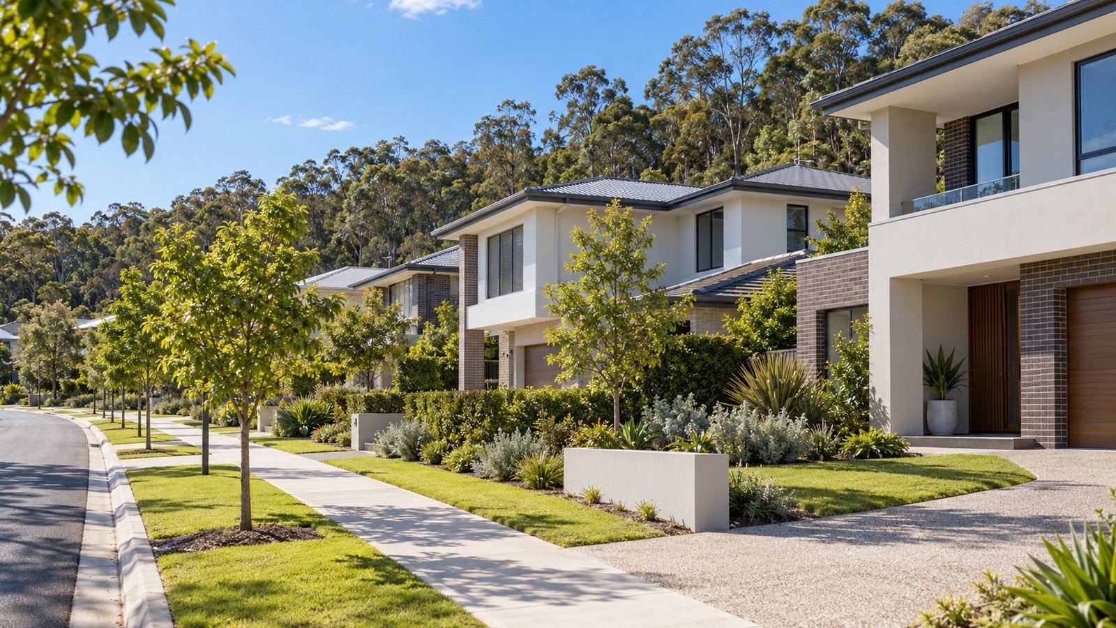 Contemporary two-storey homes with landscaped gardens on a wide footpath backing onto bushland in south Brisbane