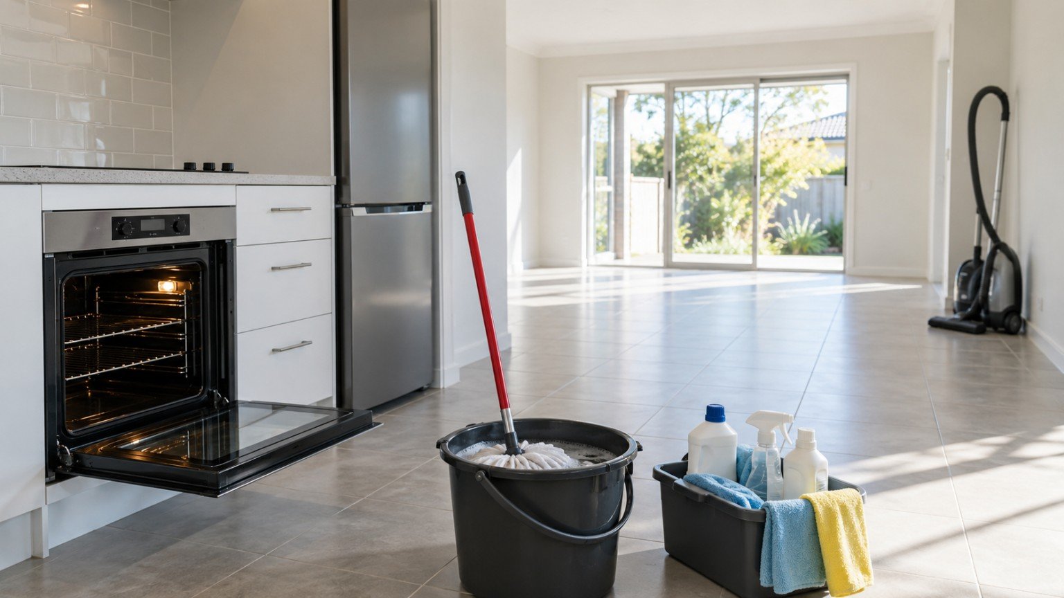 Empty rental room being cleaned with a mop and bucket at end of lease