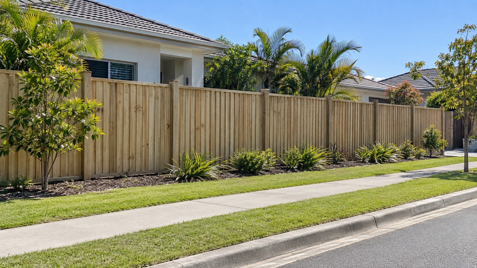 Newly built timber boundary fence along the front of a Queensland home