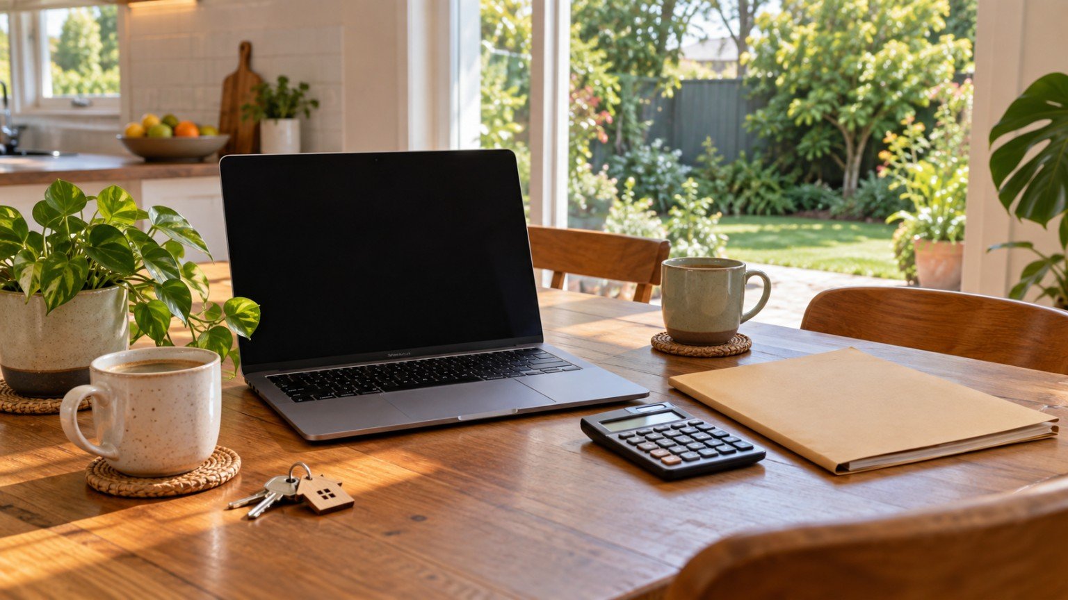 Two people reviewing home buying paperwork at a kitchen table with a laptop