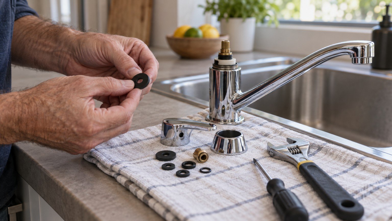 Disassembled tap with spanner and replacement washers on a bench