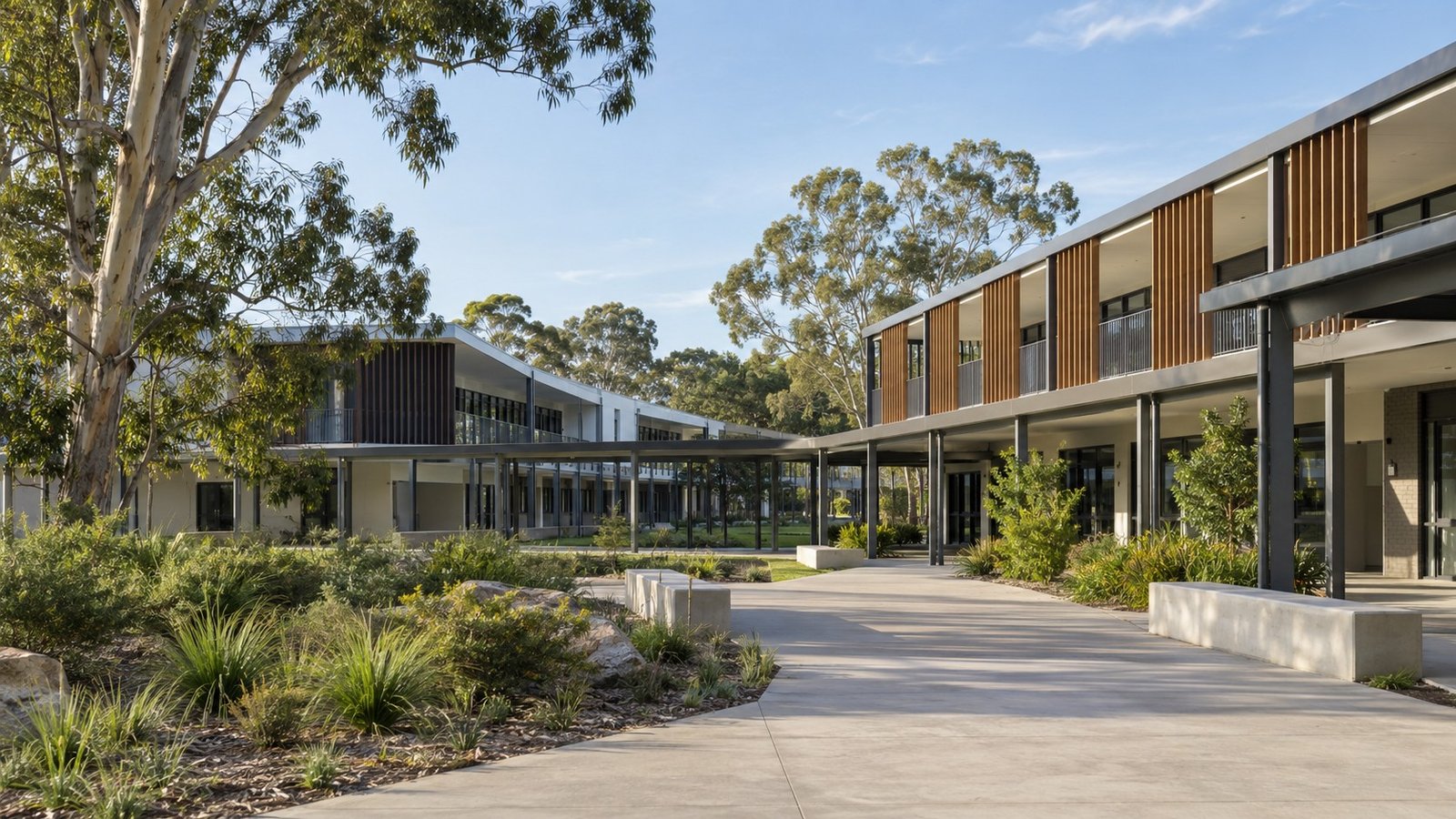 Contemporary Queensland school with covered walkways and landscaped forecourt