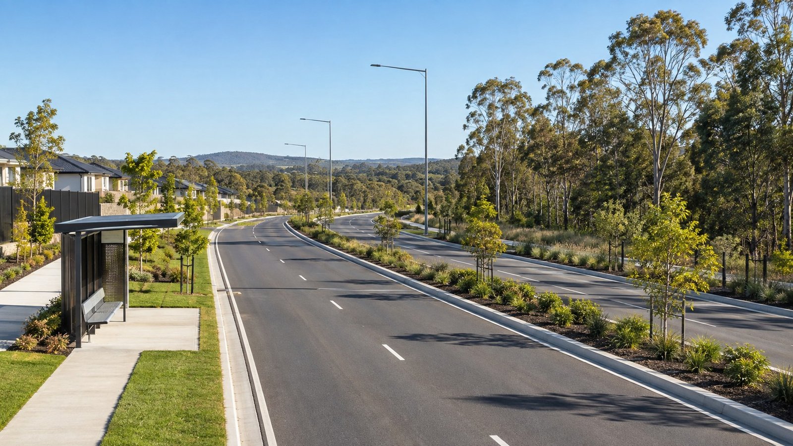 New road corridor and bus stop linking a growing master-planned community