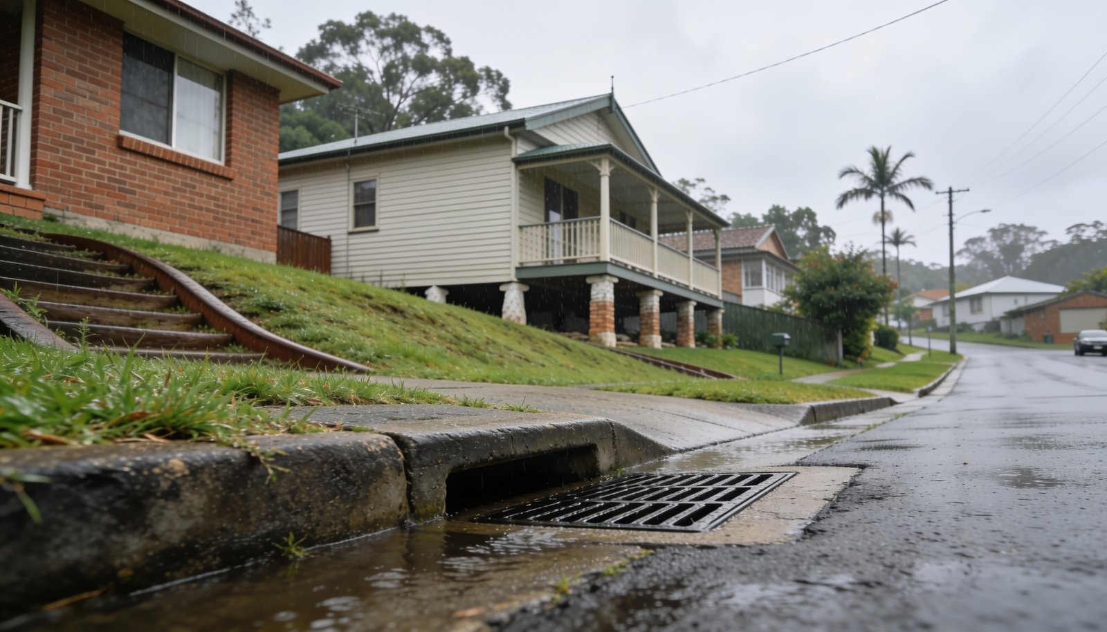 Suburban South East Queensland street showing natural drainage and stormwater grates, illustrating flood risk checks for property buyers