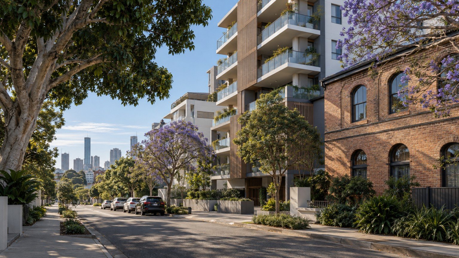 Inner-Brisbane street mixing contemporary apartments with older brick and heritage-style buildings under mature street trees