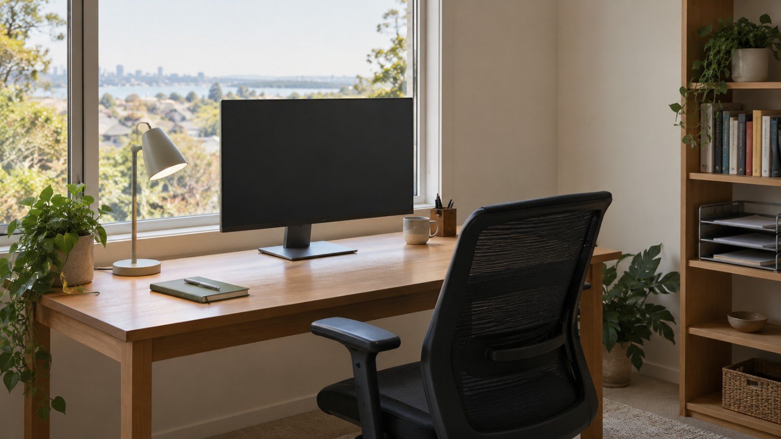 Tidy home office desk with monitor, chair and natural light from a window