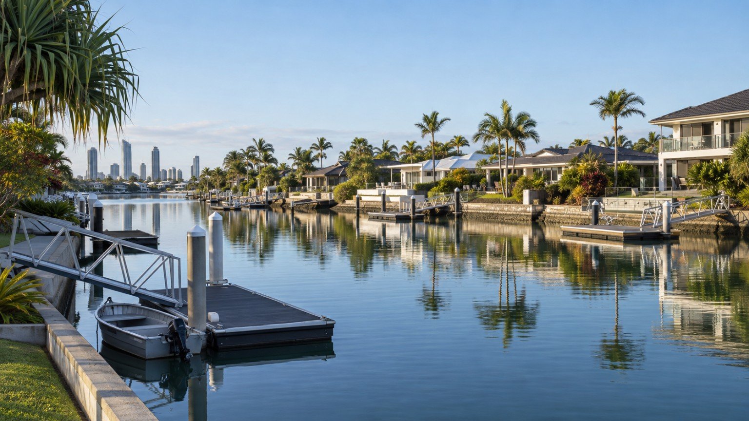 Gold Coast canal estate homes with revetment walls and pontoons along a still tidal waterway